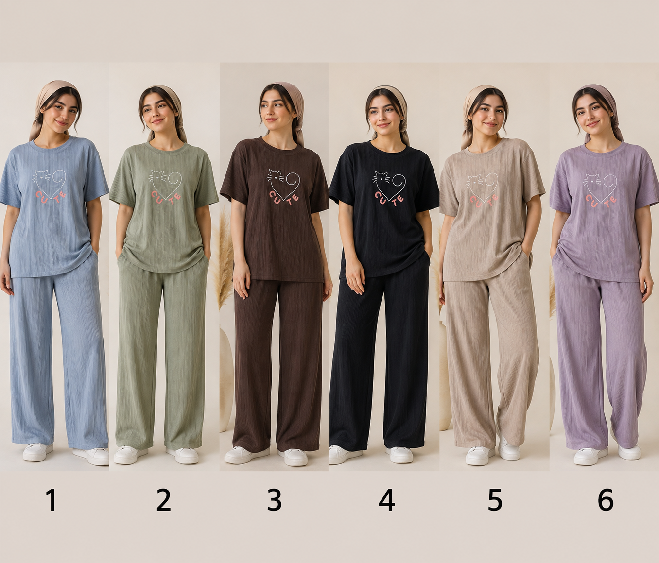 ست 2 تکه تیشرت و شلوار زنانه کبریتی وارداتی طرح گربه گلدوزی